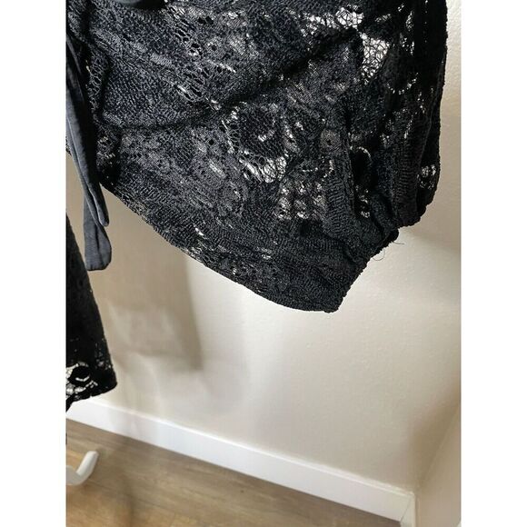 FREE PEOPLE Size M Ruby Black Lace Mini Dress Long Sleeve Sheer Fit Flare - Picture 5 of 12